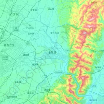 Mapa topográfico 金堂县, altitude, relevo
