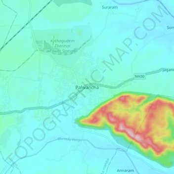 Mapa topográfico Palwancha, altitude, relevo