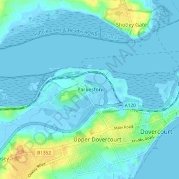 Mapa topográfico Parkeston, altitude, relevo