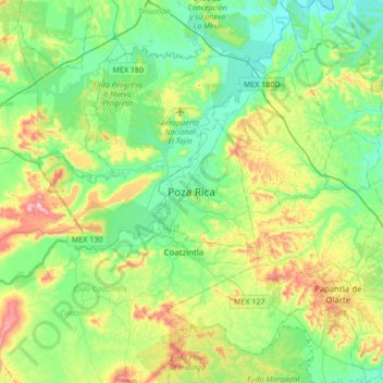 Mapa topográfico Poza Rica, altitude, relevo