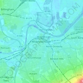 Mapa topográfico Middlesbrough, altitude, relevo