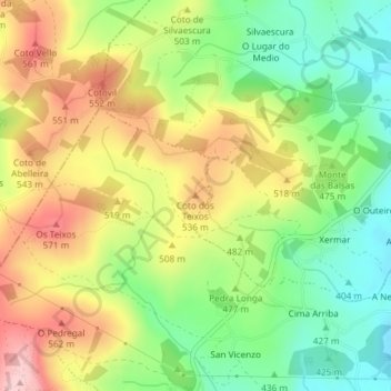 Mapa topográfico Coto dos Teixos, altitude, relevo