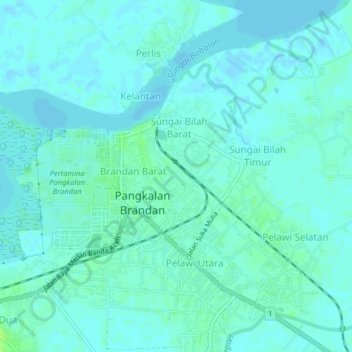 Mapa topográfico Brandan Timur Baru, altitude, relevo