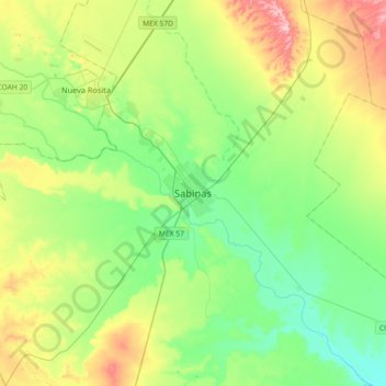 Mapa topográfico Sabinas, altitude, relevo