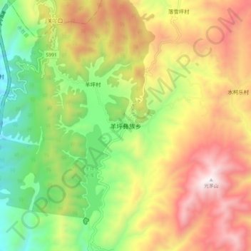 Mapa topográfico 羊坪彝族乡, altitude, relevo