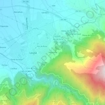 Mapa topográfico Alfocheira, altitude, relevo