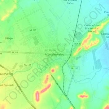 Mapa topográfico Montemorelos, altitude, relevo