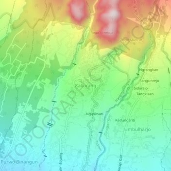 Mapa topográfico Kaliurang, altitude, relevo