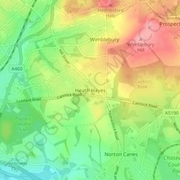 Mapa topográfico Heath Hayes, altitude, relevo