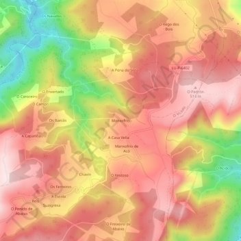 Mapa topográfico Manxofrío, altitude, relevo
