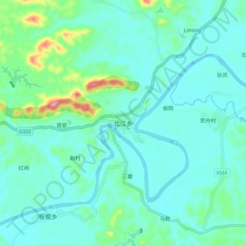 Mapa topográfico 北江乡, altitude, relevo