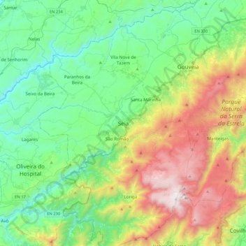 Mapa topográfico Seia, altitude, relevo