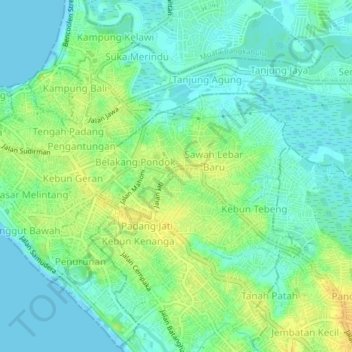 Mapa topográfico Sawah Lebar, altitude, relevo