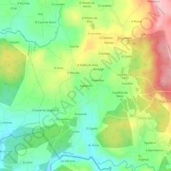 Mapa topográfico Galteiros, altitude, relevo