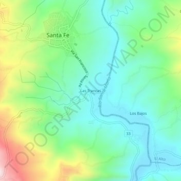 Mapa topográfico Las Trancas, altitude, relevo