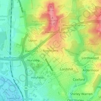 Mapa topográfico Rownhams, altitude, relevo