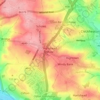 Mapa topográfico Hartshead Moor, altitude, relevo