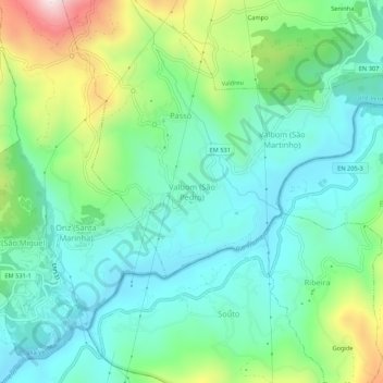 Mapa topográfico Valbom (São Pedro), altitude, relevo