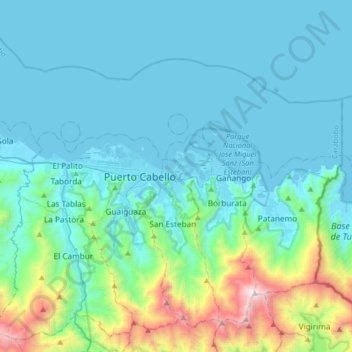 Mapa topográfico Puerto Cabello, altitude, relevo
