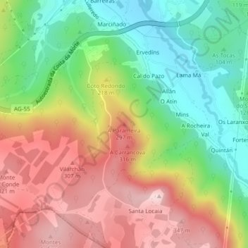 Mapa topográfico A Parameira, altitude, relevo