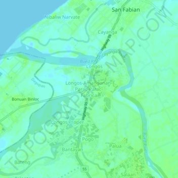Mapa topográfico Longos-Amangonan-Parac-Parac-Fabrica, altitude, relevo