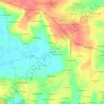 Mapa topográfico Chauvigni, altitude, relevo