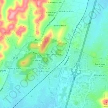 Mapa topográfico Mooreland Estates, altitude, relevo