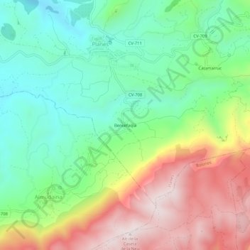 Mapa topográfico Benialfaquí, altitude, relevo
