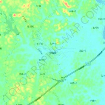 Mapa topográfico 杨梅镇, altitude, relevo