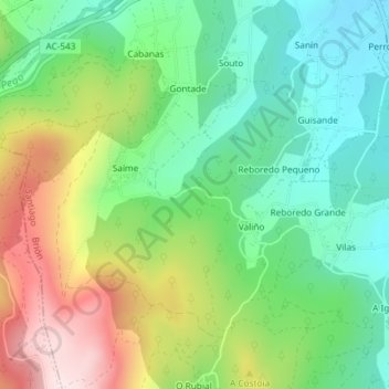 Mapa topográfico O Corguiño, altitude, relevo