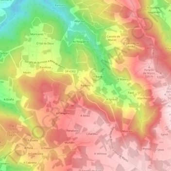 Mapa topográfico Rodeiro, altitude, relevo