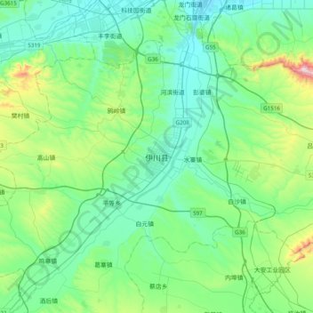 Mapa topográfico 伊川县, altitude, relevo