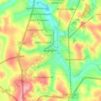 Mapa topográfico Mogi Mirim, altitude, relevo