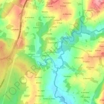 Mapa topográfico O Pedrouzo, altitude, relevo