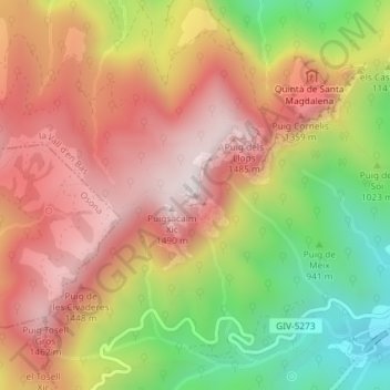 Mapa topográfico Puigsacalm, altitude, relevo