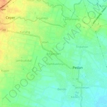Mapa topográfico Kedungan, altitude, relevo