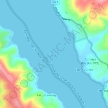 Mapa topográfico Tomales Bay, altitude, relevo