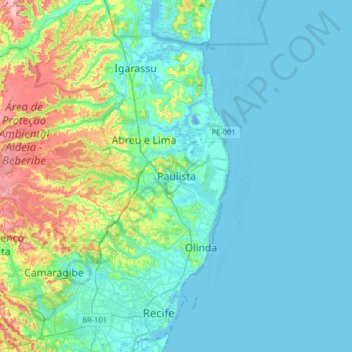 Mapa topográfico Paulista, altitude, relevo