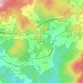 Mapa topográfico O Monte, altitude, relevo