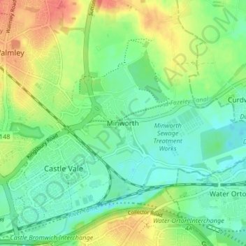 Mapa topográfico Minworth, altitude, relevo