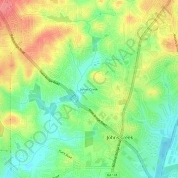 Mapa topográfico Johns Creek, altitude, relevo