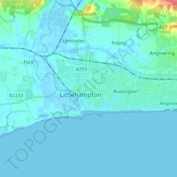 Mapa topográfico Littlehampton, altitude, relevo