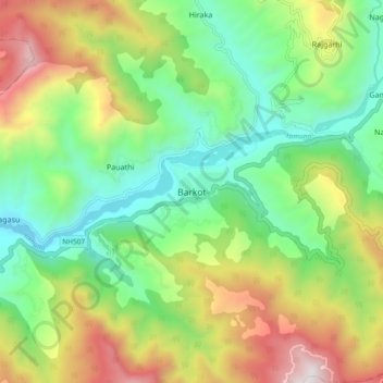 Mapa topográfico Barkot, altitude, relevo