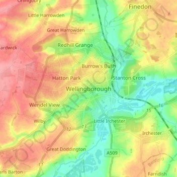 Mapa topográfico Wellingborough, altitude, relevo