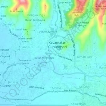 Mapa topográfico Gunungsari, altitude, relevo
