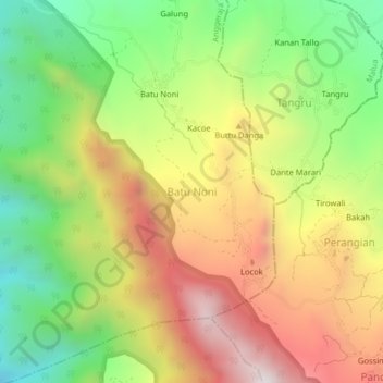 Mapa topográfico Batu Noni, altitude, relevo