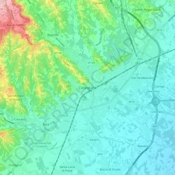 Mapa topográfico Conegliano, altitude, relevo
