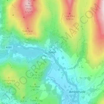 Mapa topográfico Rydal, altitude, relevo