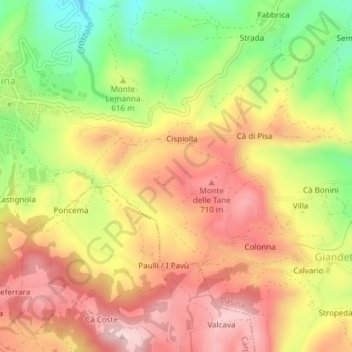 Mapa topográfico Monte delle Tane, altitude, relevo