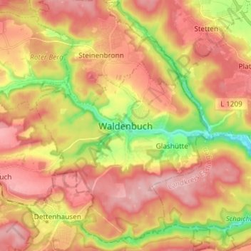 Mapa topográfico Waldenbuch, altitude, relevo